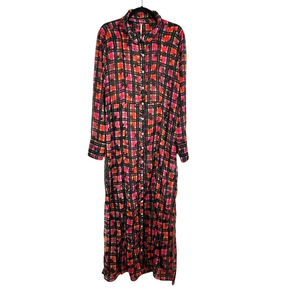 Free People Floral Patchwork XL Red Plaid Sheer Boho Indie Folk Preppy Chic Arts